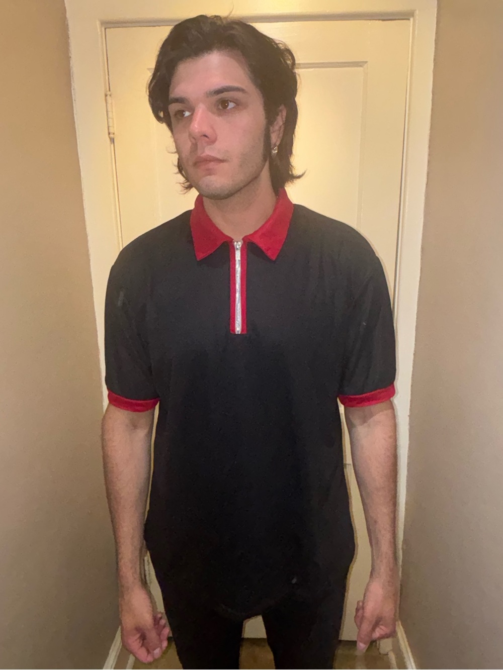 Men's Black Polo with Red Trim and Zip Placket